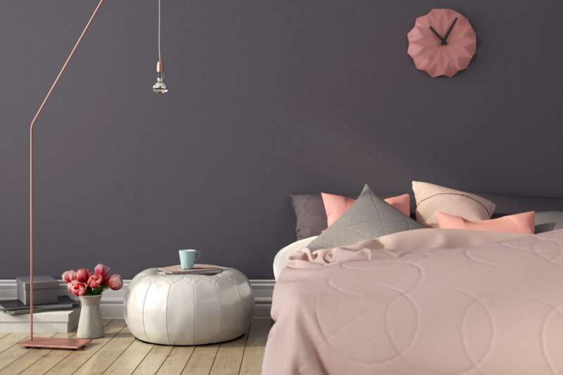 Bedroom in pink and gray color